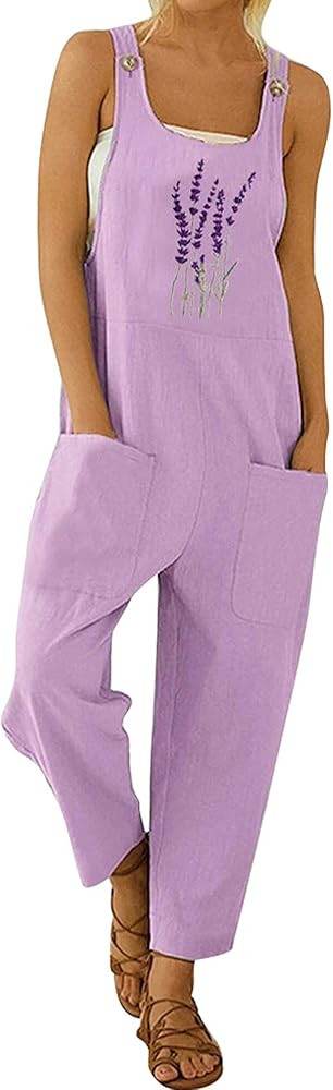 loveimgs Women's Casual Buttoned Straps Floral Embroidery Lightweight Baggy Bib Overalls Jumpsuit... | Amazon (US)