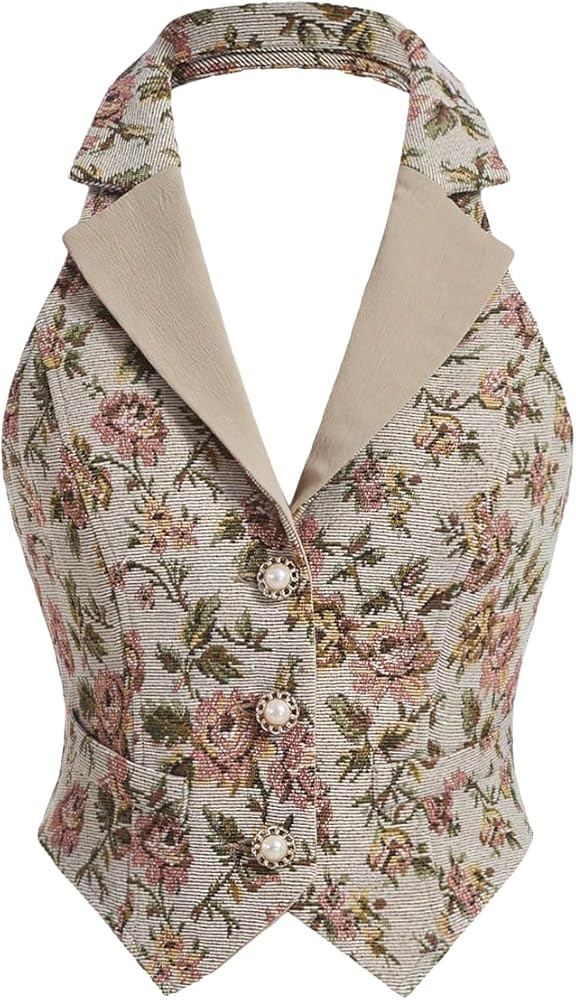 Verdusa Women's Floral Print Button Front Collar V Neck Halter Top Vintage Vest | Amazon (US)