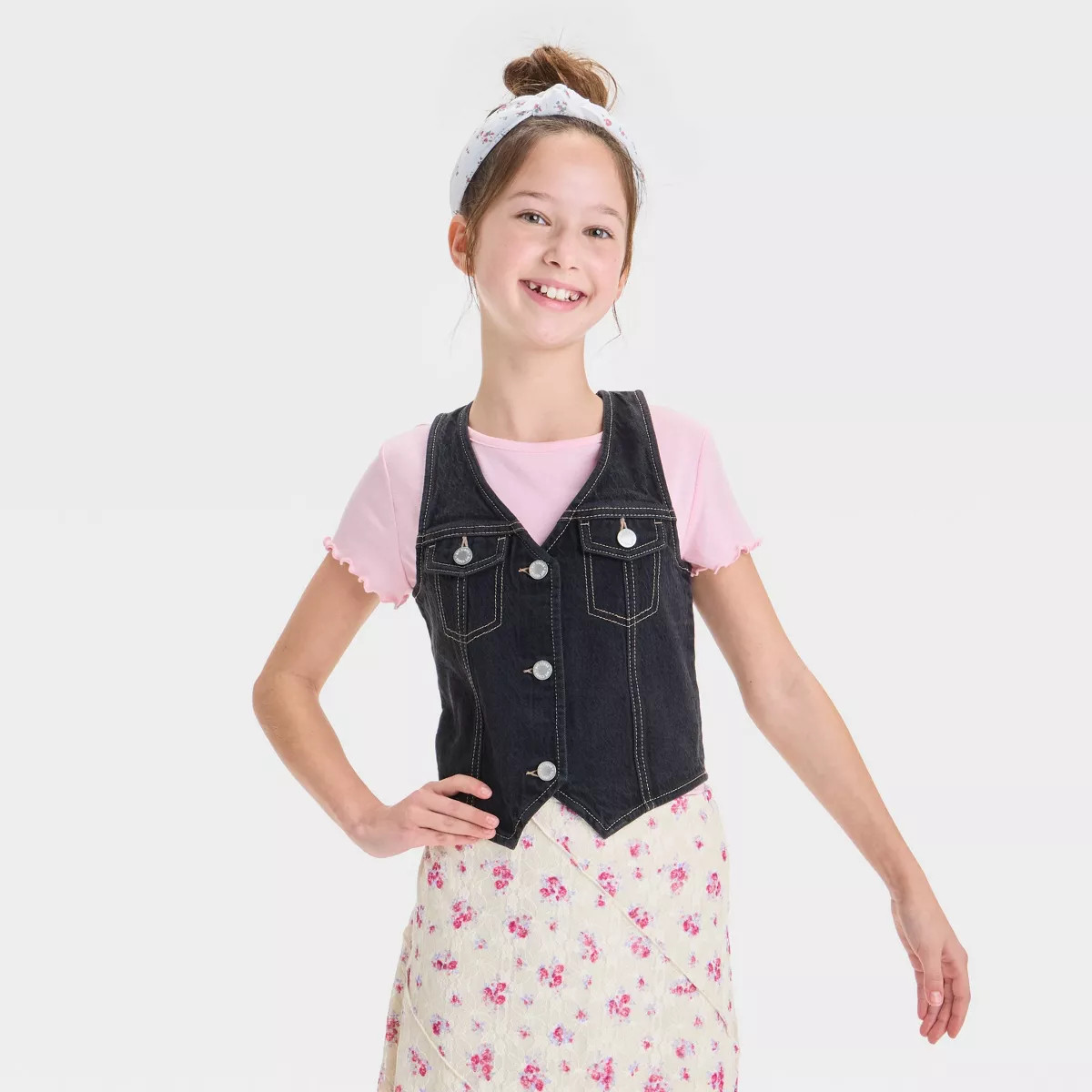 Girls' Denim Vest - art class™ Black Wash XS: Lightweight Front Button Down, Double-Stitched Se... | Target