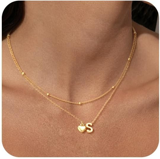 adoyi Gold Necklace for Women Layered Bubble Heart Letter Initial Necklaces for Women Trendy Jewe... | Amazon (US)