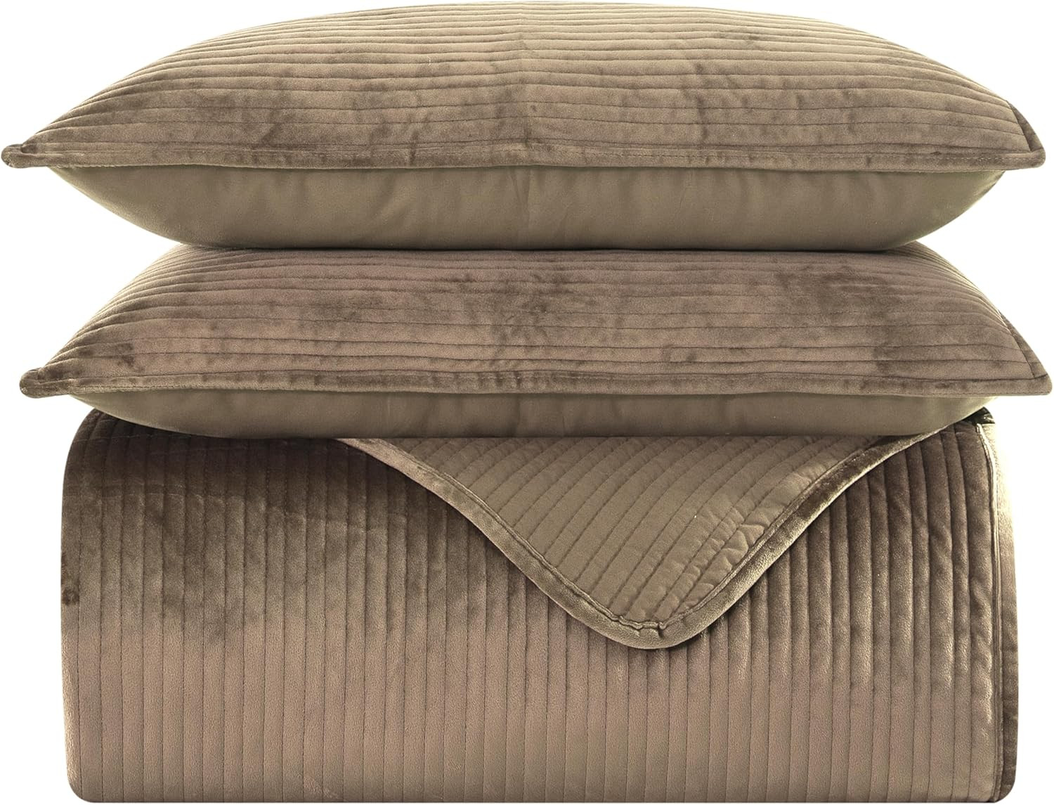 Elegant Comfort Luxury 3-Piece Velvet Corduroy Stripe Quilt Set, Ultra Soft Bedspread - Cozy Velvet Coverlet Set - 3PC Medium Weight Quilted Set with Matching Pillow Shams, King, Khaki | Amazon (US)