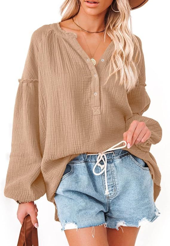 Shemoday Womens Sweatshirt White Oversized V Neck Henley Shirts Button Hoodies Long Sleeve Casual... | Amazon (US)