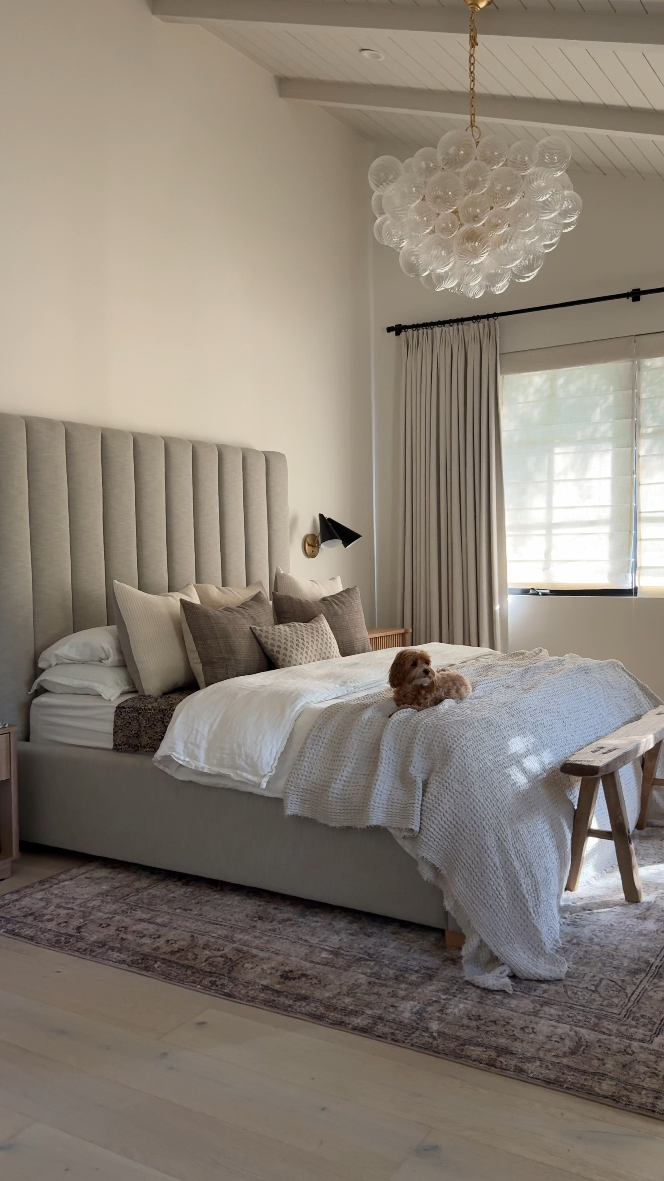 Primary bedroom, tufted bed, upholstered grey bed, bubble chandelier, glass chandelier, vintage bench, wood bench, vintage rug, curtains, white drapes, barrel chair, accent chair, crate and barrel, target, Amazon, McGee and co, Loloi 

#LTKhome #LTKsalealert #LTKover40

#LTKFindsUnder100 #LTKSaleAlert #LTKHome