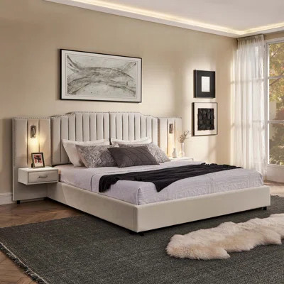 King Size Upholstered Platform Bed Frame with Velvet Fabric, Vertical Stripe Headboard, Bedside Table, Adjustable Lamp, and No-Box-Spring Design | Wayfair North America