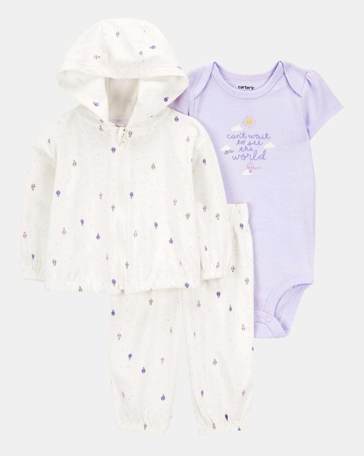 Baby Girl 3-Piece Hot Air Balloon Print Little Cardigan Set - White/Purple | Carter's Inc