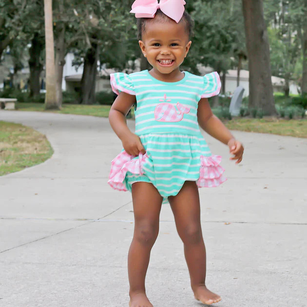 Green Stripe Whale Ruffle Bubble | Classic Whimsy