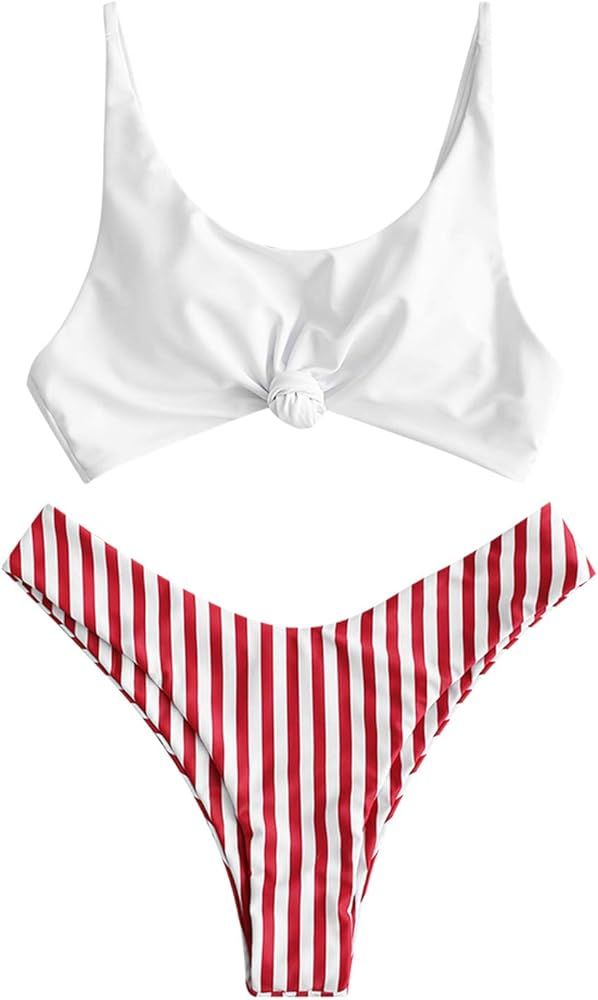 ZAFUL Womens Contrast Striped Knot 2 Pieces Bikini Set Straps High Cut Bathing Suit | Amazon (US)