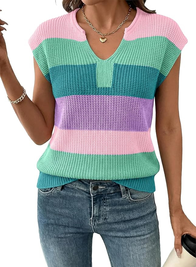 SHEWIN Womens Tops V Neck Short Sleeve Sweater Striped Color Block Pullover Cap Sleeve Shirts | Amazon (US)