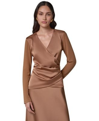 Donna Karan New York Women's Satin Long-Sleeve Wrap Top - Camel | Macy's