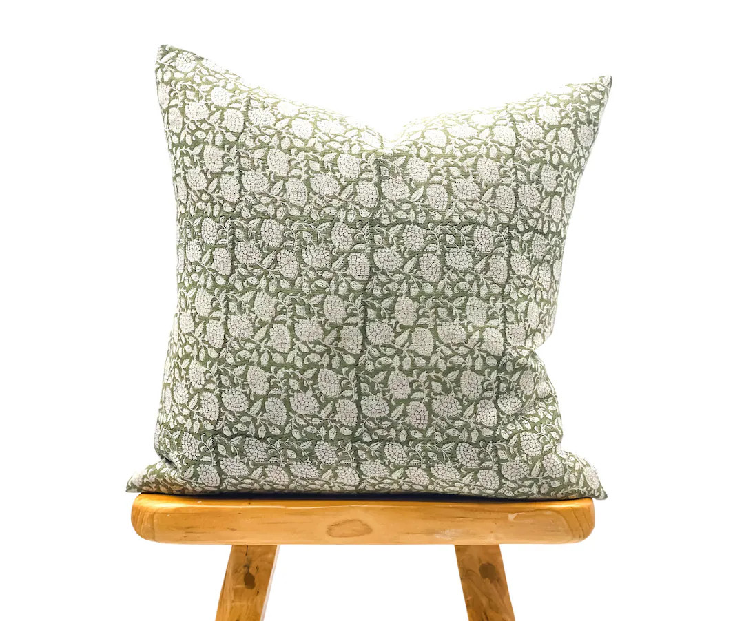 Designer Floral Olive Green on Natural Linen Pillow Cover, Green Pillow cover, Boho Pillow, Decor... | Etsy (US)