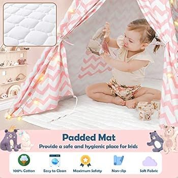 Tiny Land Teepee-Tent for Kids-Girls-Princess-Tent with Soft Mat & Star String Light- Pink Chevro... | Amazon (US)