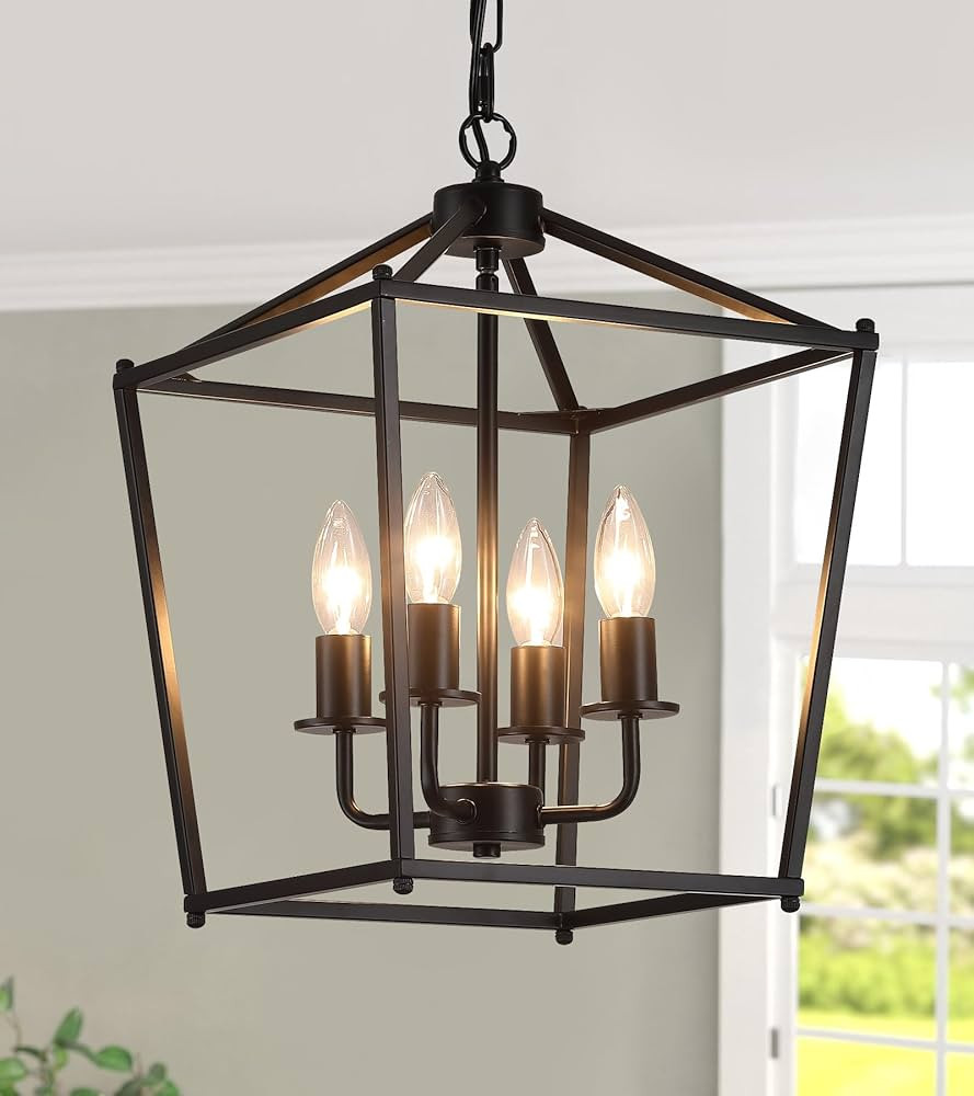 AMZASA UL Listed Black Industrial 4 Light Lantern Chandelier Ceiling Light Fixtures Farmhouse Met... | Amazon (US)