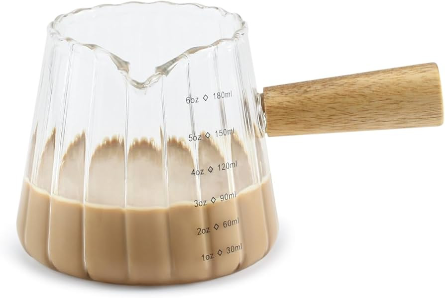 Glass Measuring Cup, 6oz Creamer Pitcher with Wood Handle, Creative Milk Frothing Pitcher Creamer... | Amazon (US)