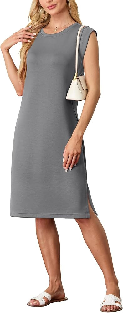 GRECERELLE 2026 Women Summer Round Neck Casual Loose Split Wrinkle-Free Midi Dress with Pockets (... | Amazon (US)