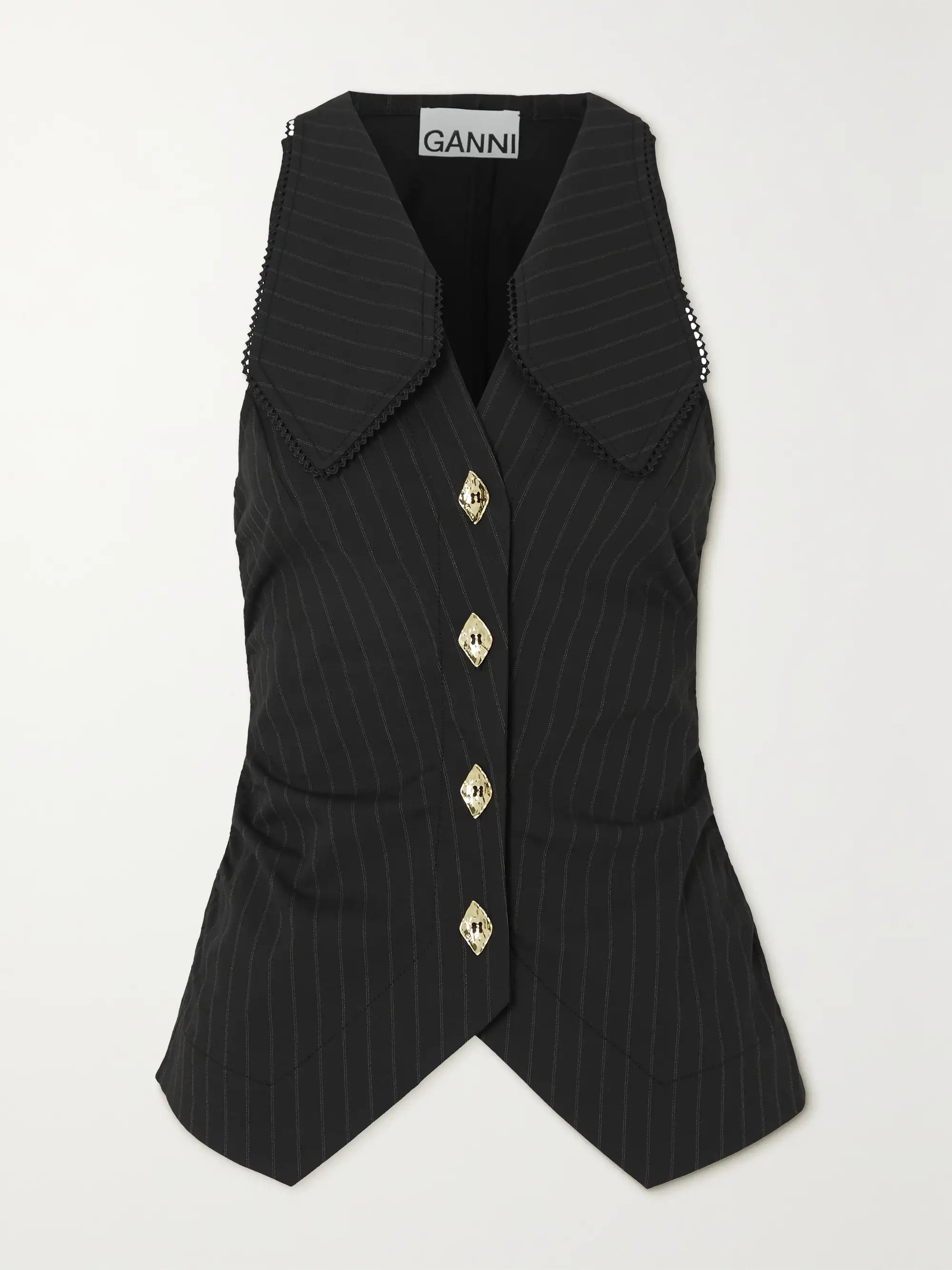 Black Picot-trimmed gathered pinstriped recycled-twill vest | GANNI | NET-A-PORTER | NET-A-PORTER (US)