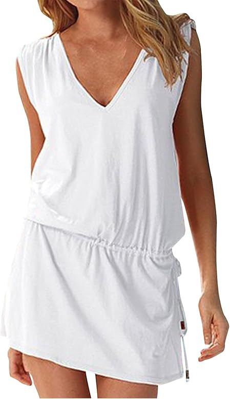 Hount Women's Beach Swimsuit Cover up Deep V-Neck Short Mini Dress Beach Skirt | Amazon (US)