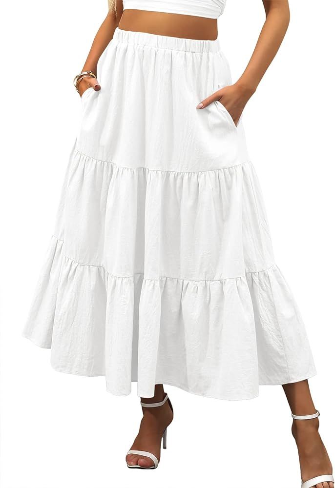 Amazon.com: ANRABESS Women Cotton Pleated A Line Maxi Skirt Elastic Waist White Ruffle Tiered Lon... | Amazon (US)