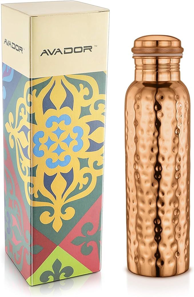 AVADOR Handcrafted 100% Pure Copper Water Bottle Vessel Hammered Finish 30 Oz. Leak Proof Gift Se... | Amazon (US)