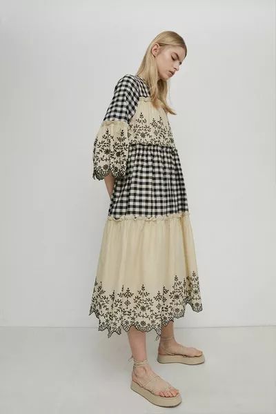 Petite Embroidery Gingham Mix Midi Dress | Debenhams UK