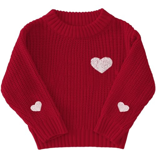 BOUTIKOME Valentines Day Sweater Toddler Baby Girl Boy Heart Shirts Embroidery Knit Tops Spring Clothes Warm Winter Pullover(Red,5T) | Amazon (US)