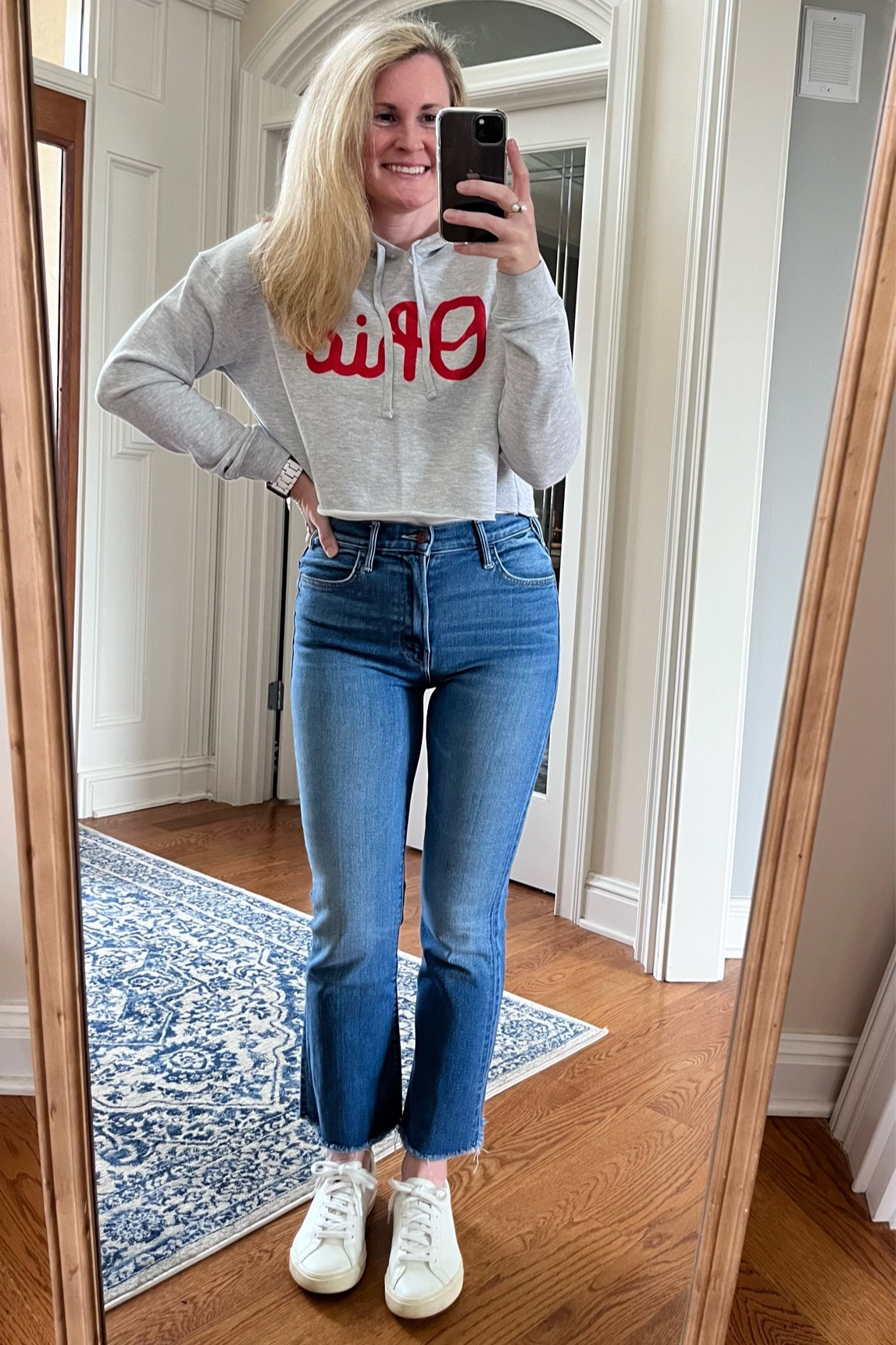 Game Day ready! This cute cropped sweatshirt is from @pepwearoh 
These jeans 😍 If in between sizes, size down. So soft and stretchy! 

Mother jeans, cropped sweatshirt, game day outfit, Veja sneakers, casual outfit, weekend outfit

#LTKshoecrush #LTKSeasonal #LTKstyletip