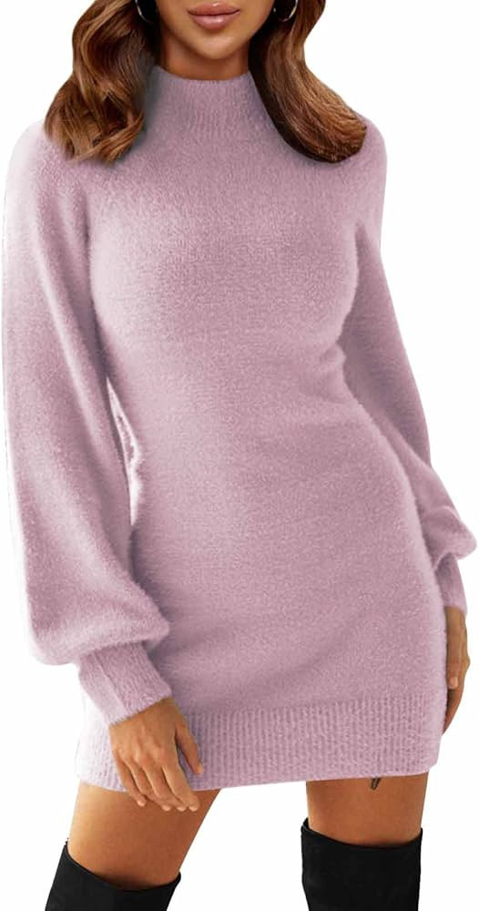 EXLURA Women's Mock Neck Ribbed Long Sleeve Bodycon Pullover Cute Mini Sweater Dress | Amazon (US)
