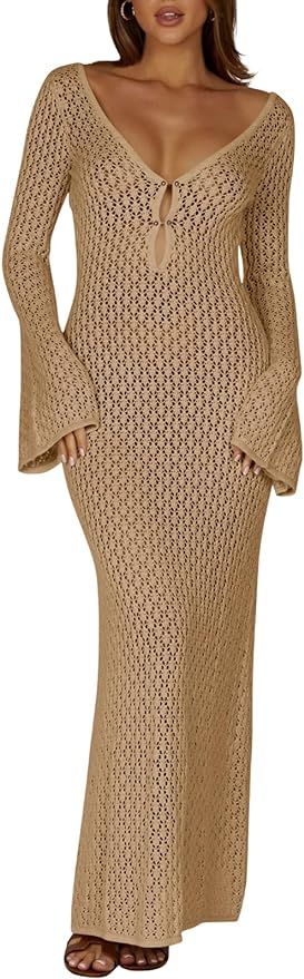 Saodimallsu Womens V Neck Crochet Maxi Dresses Bell Sleeve Bodycon Long Dress Hollow Out Summer B... | Amazon (US)