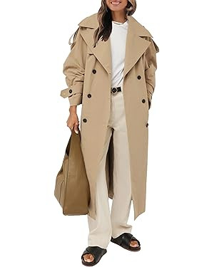 Farktop Womens Oversized Long Trench Coat Double Breasted Lapel Windproof Overcoat with Belt | Amazon (US)