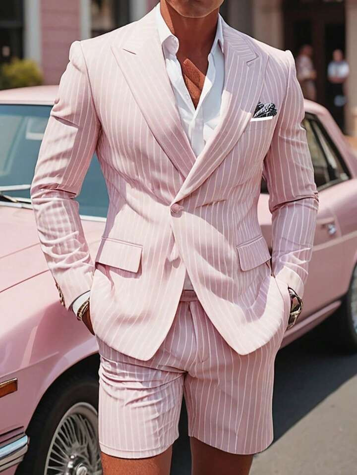 Manfinity AFTRDRK Men's Striped Peak Lapel Double Breasted Suit Set | SHEIN USA | SHEIN