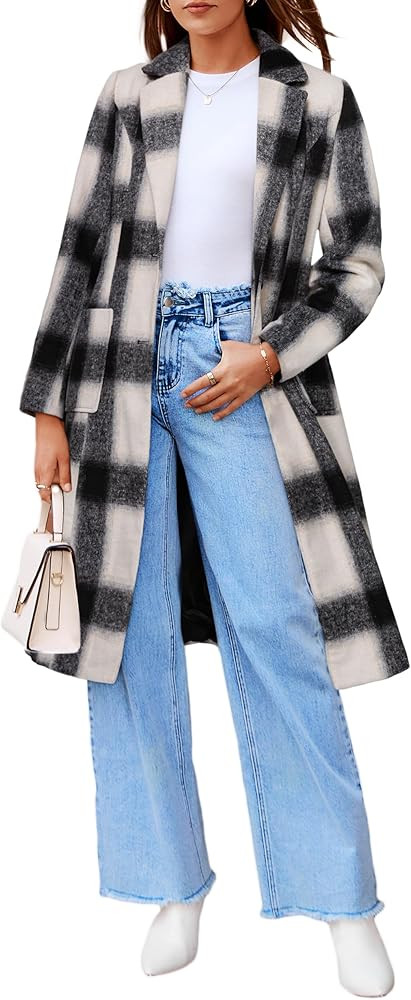 Simplee Womens Wool Blend Trench Coat Winter Plaid Shacket Jacket Casual Fall Tartan Coats Lapel ... | Amazon (US)