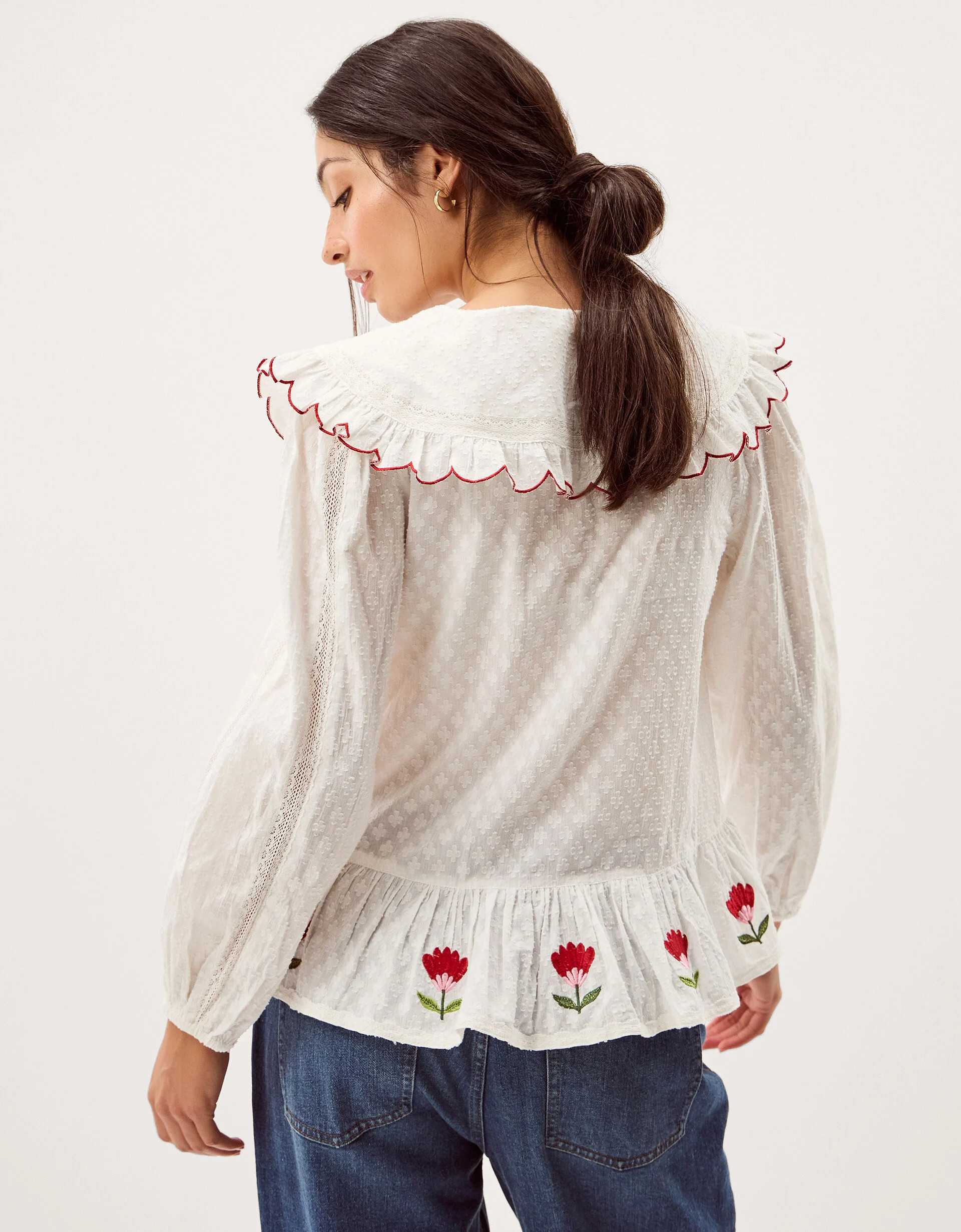 Talia Tulip Embroidered Scallop Collar Top White | Monsoon (UK)