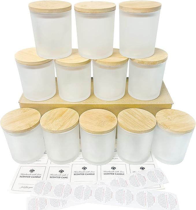 CONNOO 12Pack 10 oz Frosted Glass Candle Jars with Bamboo Lids for Making Candles Empty Candle Ti... | Amazon (US)