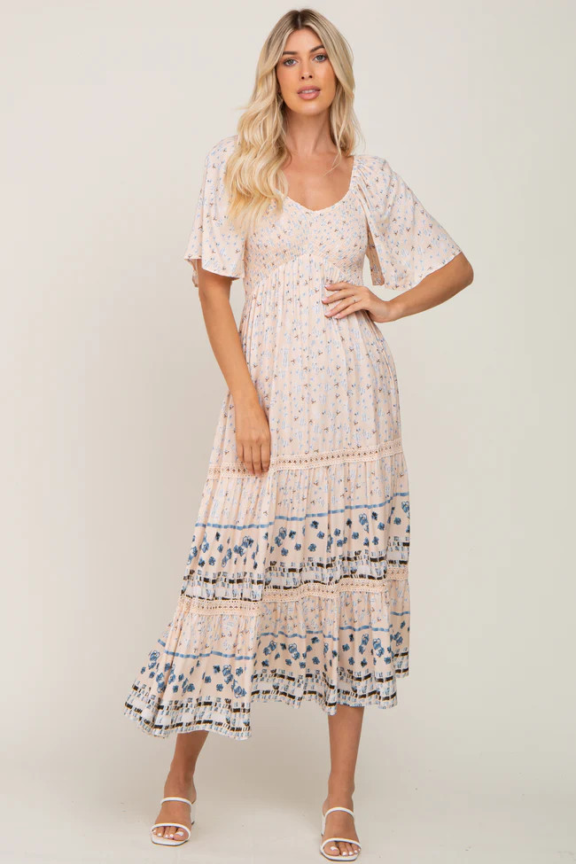 Light Pink Printed Smocked Midi Dress | PinkBlush Maternity