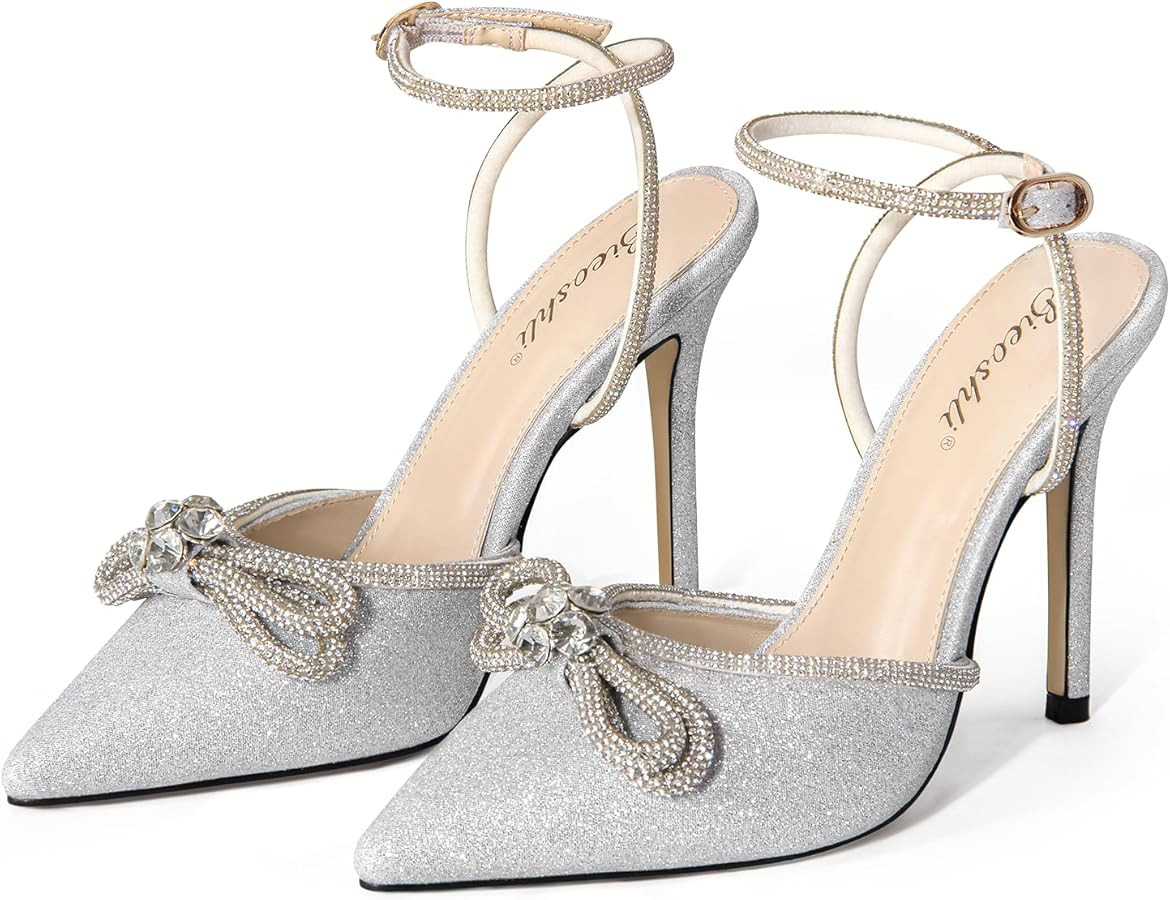 Bieosnli Women's Satin Lace Up High Heel Sandals Ankle Buckle Straps Pump Rhinestone Strip Bowkno... | Amazon (US)