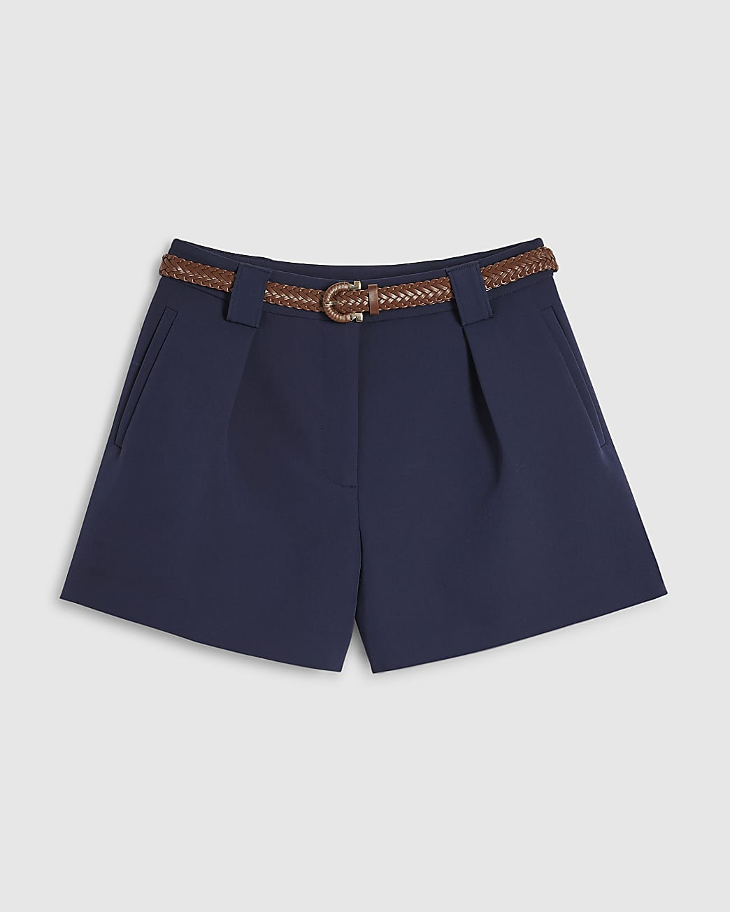 Navy Plaited Belt Tailored Shorts | River Island UK & IE
