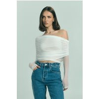 Everly Sheer Mesh Off Shoulder Top - Ivory I MESHKI I Size S | MESHKI US