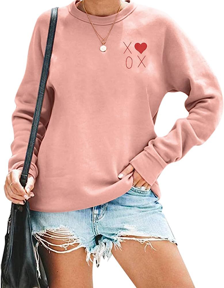 SFHFY Love Heart Sweatshirt Women Valentines Day Shirt Cute Long Sleeve Crewneck Pullover Tops Valen | Amazon (US)