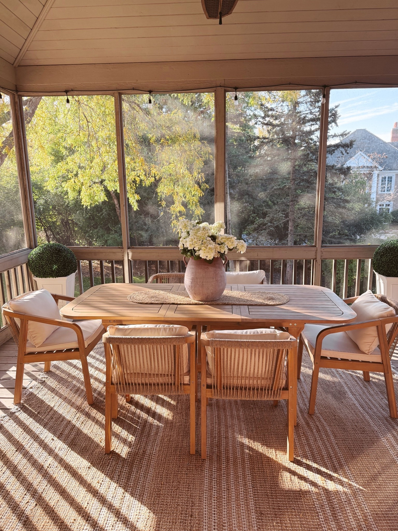 This outdoor patio dining set I love is finally back in-stock! All the cushion covers have zippers and are removable so they can easily be washed! Love it!