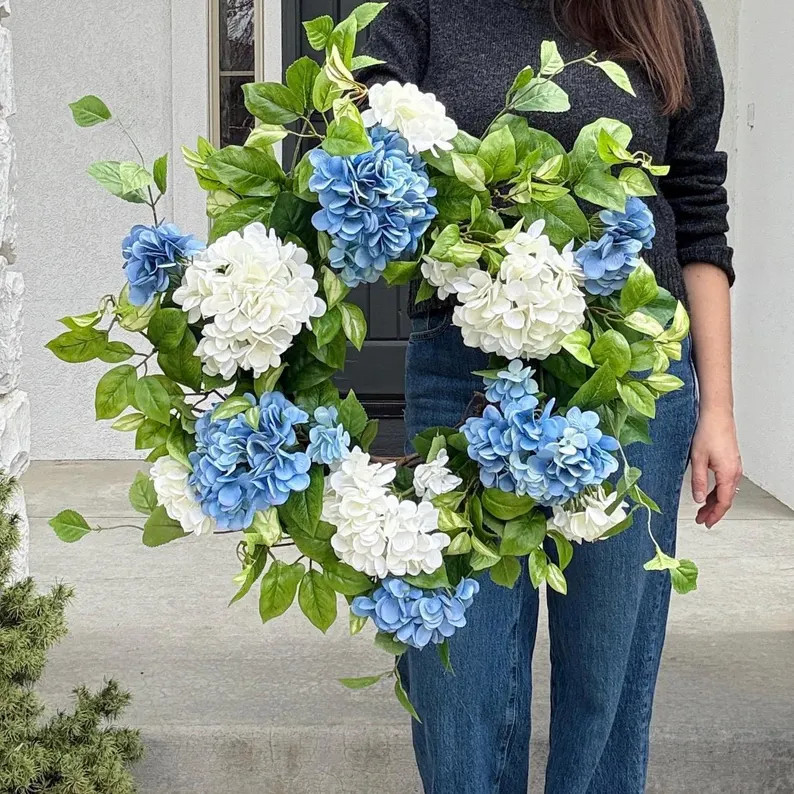 Spring and Summer Hydrangea Wreath for Front Door, Blue and White Floral Wreath, Housewarming Gif... | Etsy (US)
