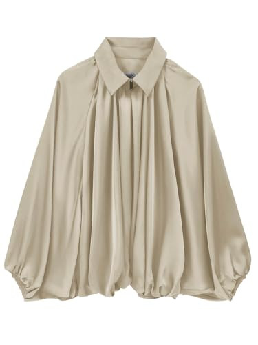 Womens Satin Puffed Bomber Jacket Oversized Batwing Sleeve Lapel Collar Pleated Zip Up Outerwear ... | Amazon (US)