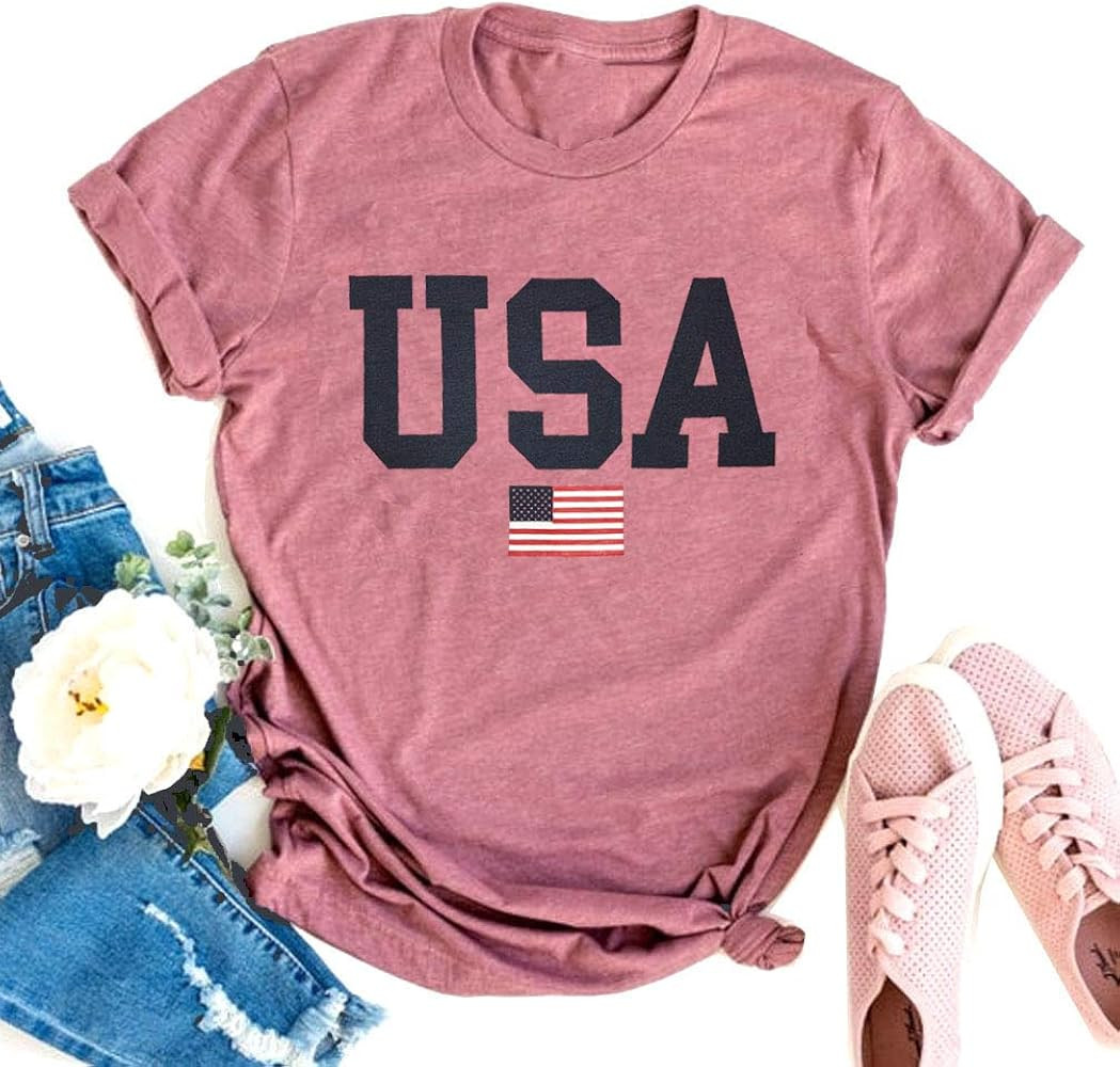 USA Flag Tee Shirt for Women 4th of July Memorial Day Gift T Shirt Casual Short Sleeve American Prou | Amazon (US)
