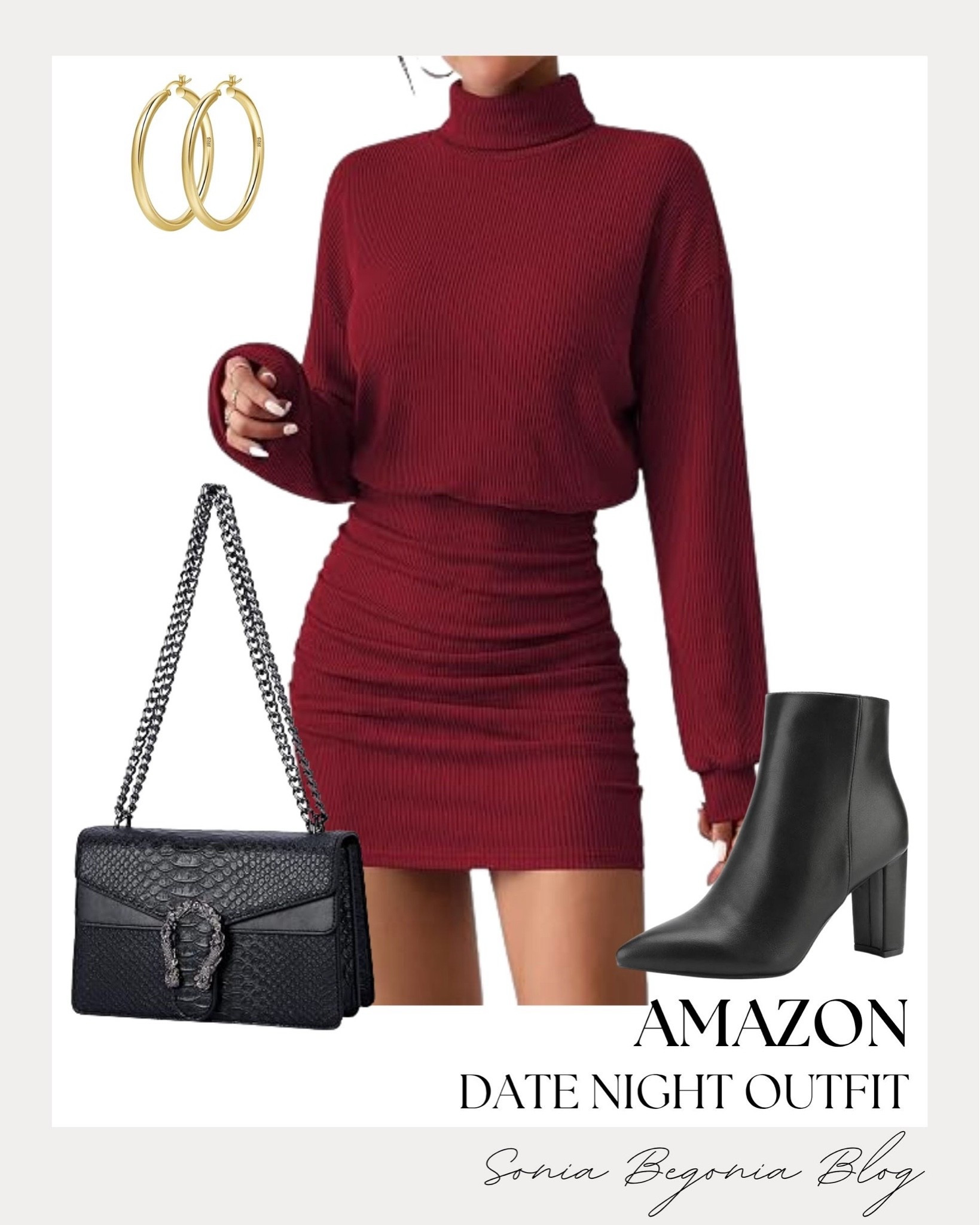 Chic date night outfit inspo! 🍷

I styled a cozy burgundy long-sleeve turtleneck mini dress featuring a flattering ruched bodycon skirt.

I completed the ensemble with sleek black pointed-toe block heel boots, a black textured crossbody bag, and classic gold hoop earrings. ✨

#AmazonFashion #AmazonStyle #DateNightLook #LTKfall #SweaterDress #FallOutfits #OOTD #AutumnFashion

#LTKootd #LTKSeasonal