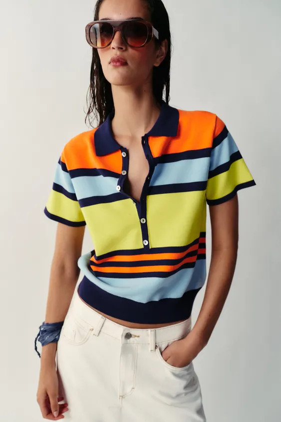 DescriptionContentsMeasurementsPolo neck top with V-neckline and short sleeves. Ribbed trim.strip... | Zara US