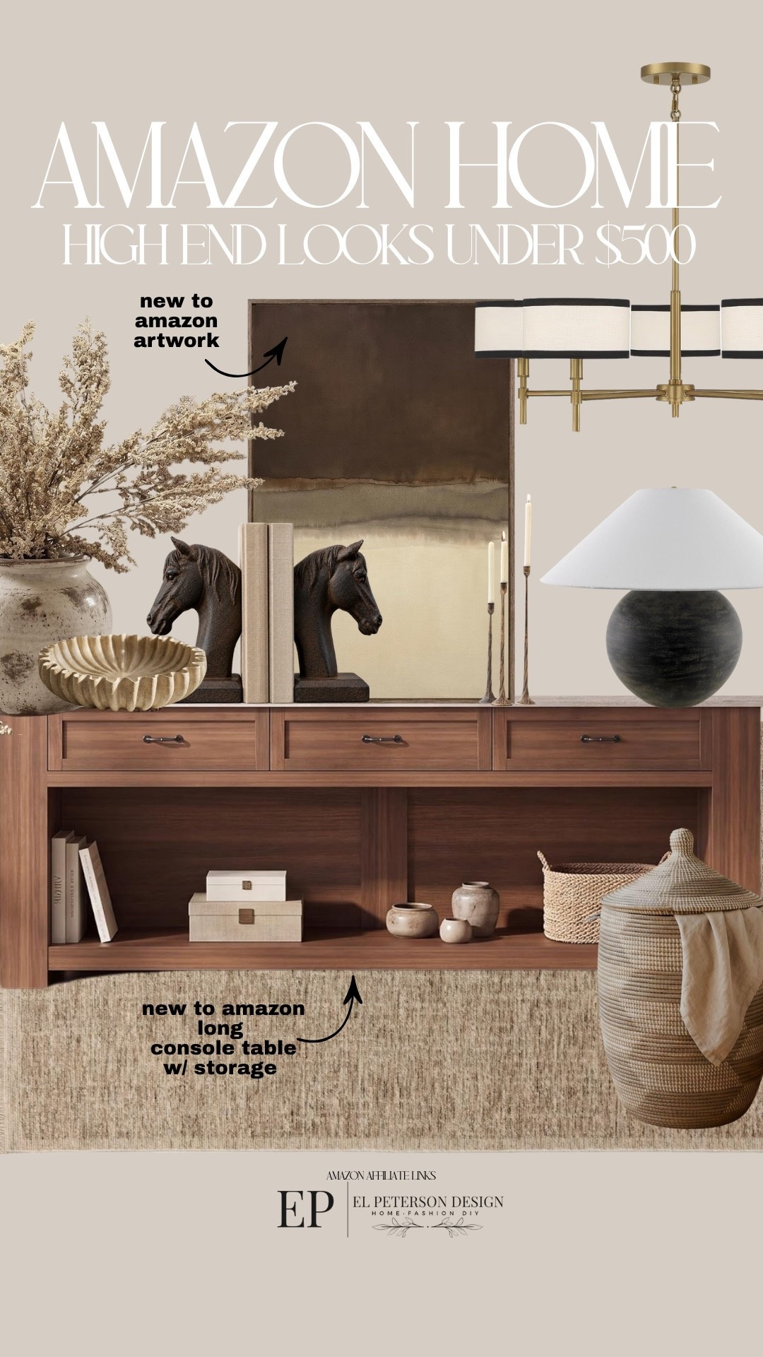 Amazon
Console table 
Table lamp
Artwork
Chandelier 
Bowl
Stems
Basket
Bookends

#LTKHome