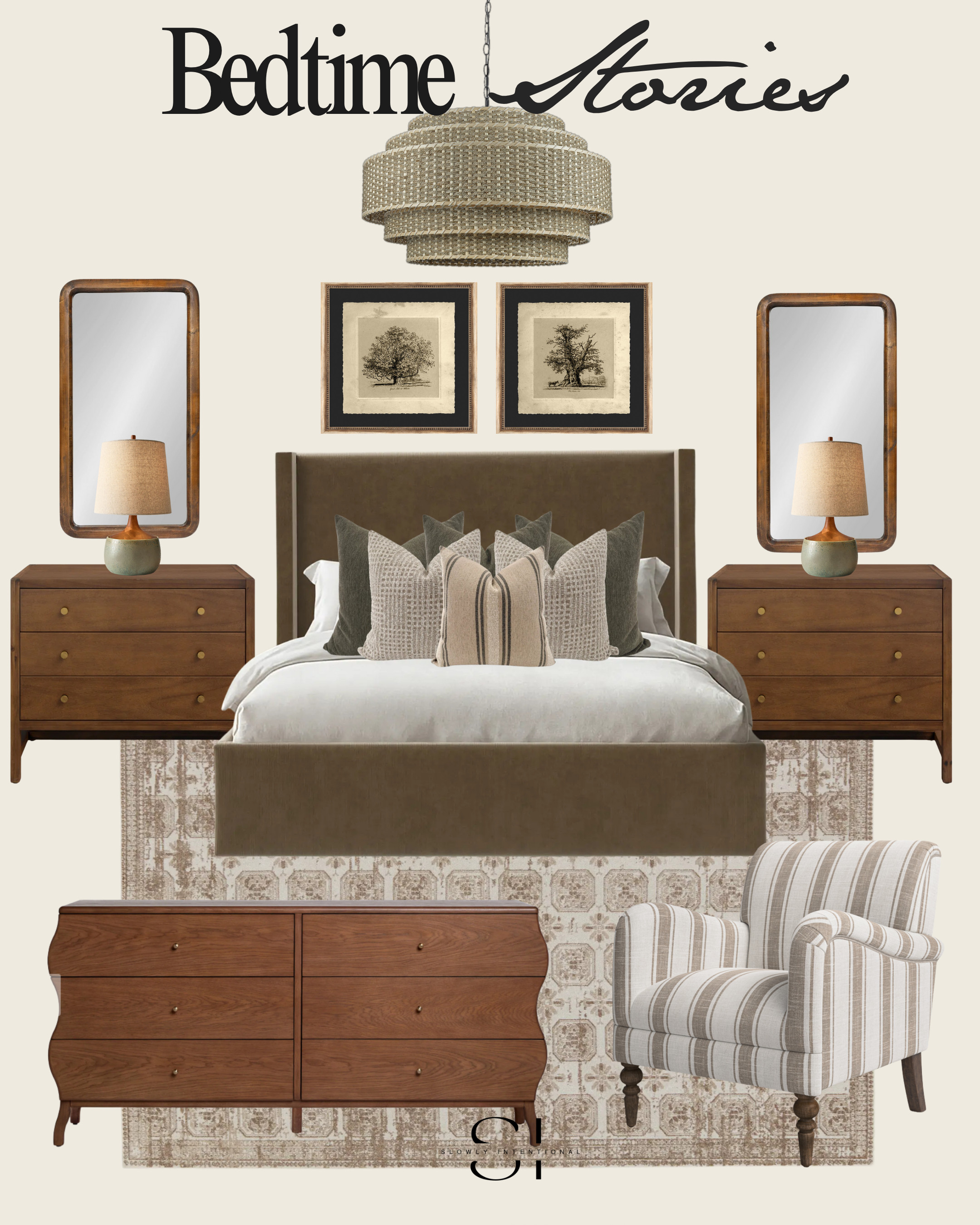 Casual Chic Bedroom, walnut, dark wood dresser, lighting, stripes, wool rug, vintage artwork, rattan lighting, wood framed mirror, vintage pillows. 

 #LTKHome