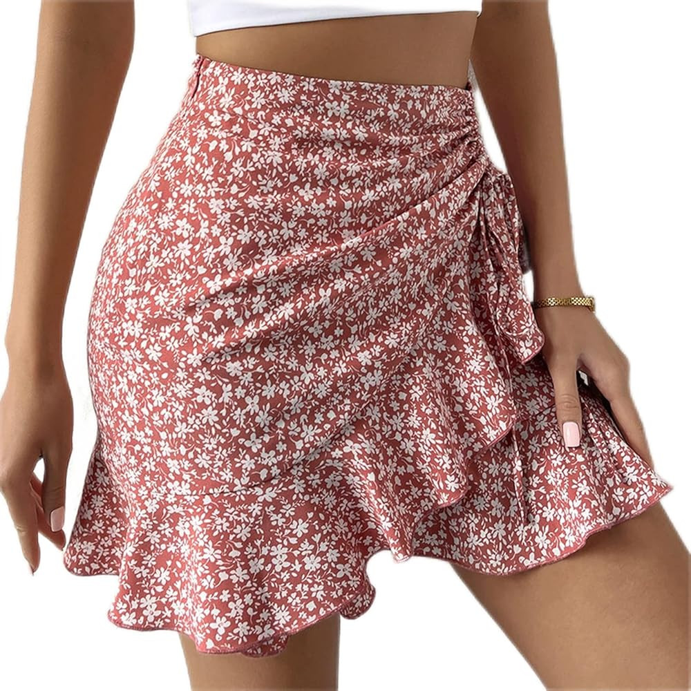 Women Floral Drawstring Short Skirt Stylish Polyester Short Skirt for Summer Daily Wear | Amazon (US)