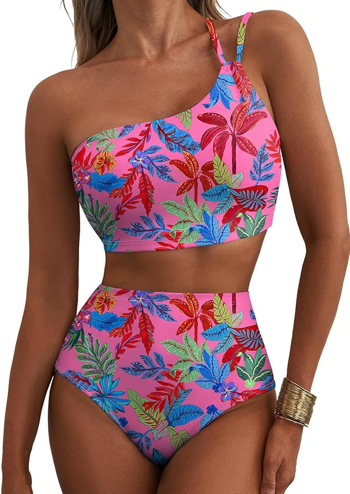 Herseas Women's High Waisted Bikini Sets One Shoulder Floral Print Swimsuits 2 piece Tummy Contro... | Amazon (US)