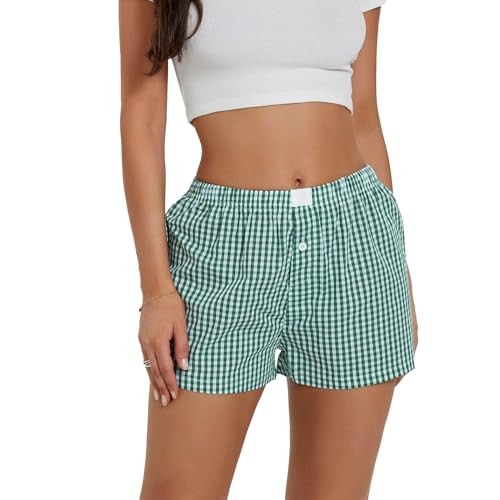 HengShunRui Women Y2k Gingham Boxer Shorts Plaid Striped Cute Mini Bloomers Elastic Waist Loose Fit Summer Shorts A1 Green M | Amazon (US)