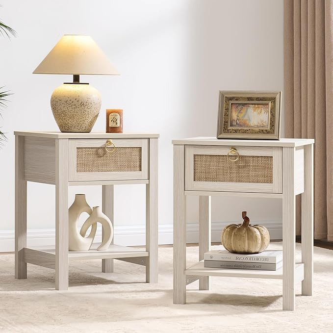 SICOTAS White Nightstand Set of 2,Rattan Decor Drawer with Brass Knobs Night Stand Bedside Table ... | Amazon (US)