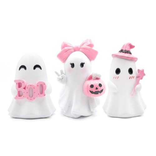 Stylor 3 Pcs Pink Halloween Ghost Figurines Decor - Cute Kawaii Pastel Halloween Decor with Pumpkin, Small Resin Desk Statue Decorations for Tiered Tray, Gifts for Women | Amazon (US)